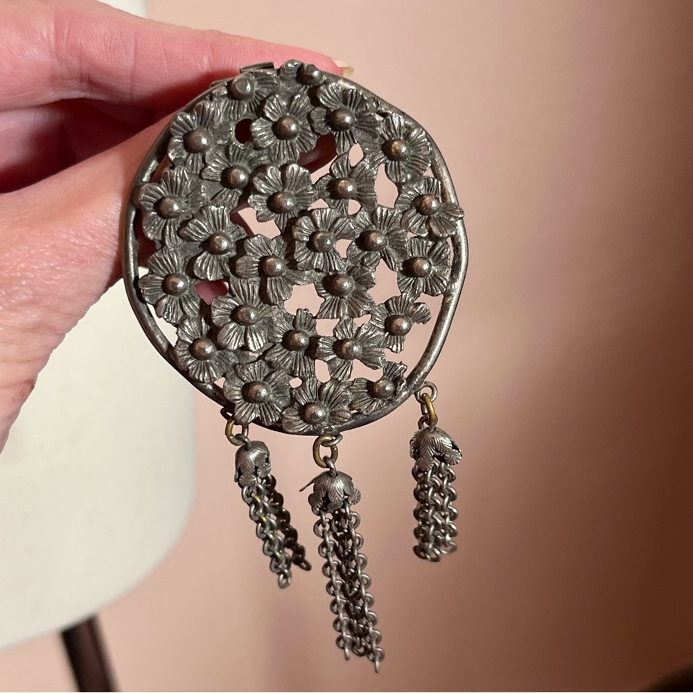 Antique Sterling silver Art Nouveau Victorian Flower Chatelaine Brooch Clip